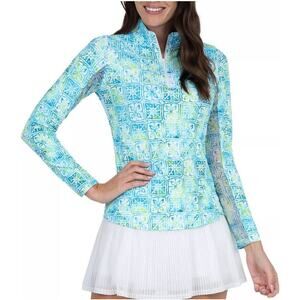 Ibkul Pullover Womens Small Blue Green Kathy Mock Neck 1/4 Zip Golf Athletic